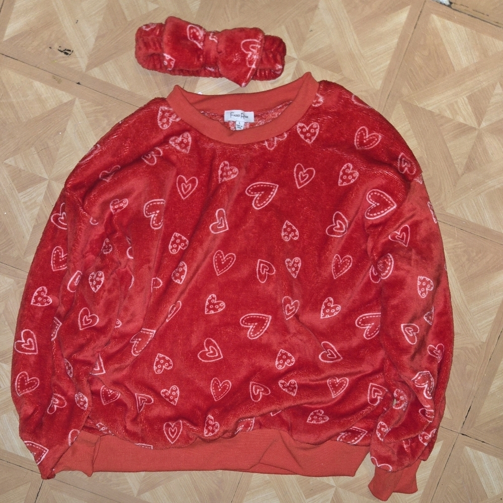 Faded Rose Red Heart Sweatshirt W. Matching Bow HeadBand